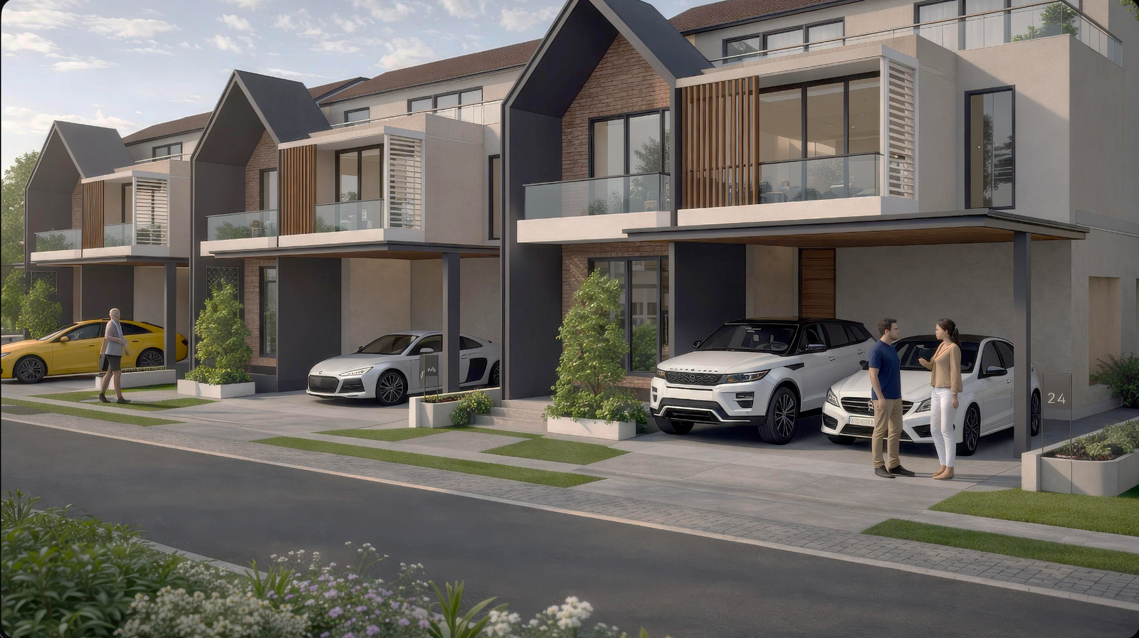 Contemporary Nambiar villas along a landscaped avenue